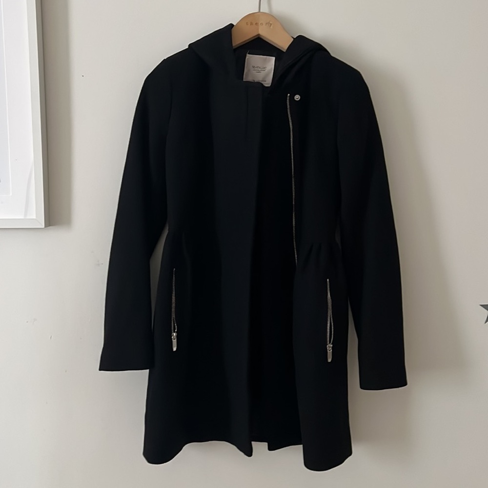 Zara Hooded Pleated Waist Zip Up Pea Coat size XS